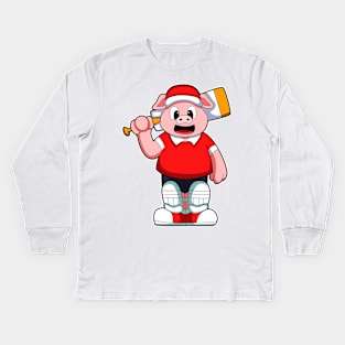 Pig as Batsman with Cricket bat Kids Long Sleeve T-Shirt